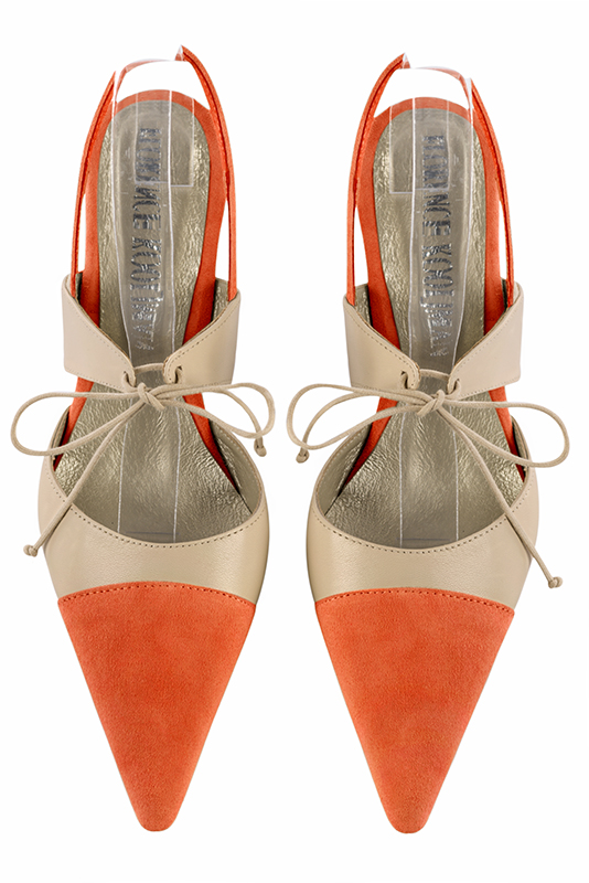 Clementine orange and champagne beige women's open back shoes, with an instep strap. Pointed toe. High slim heel. Top view - Florence KOOIJMAN
